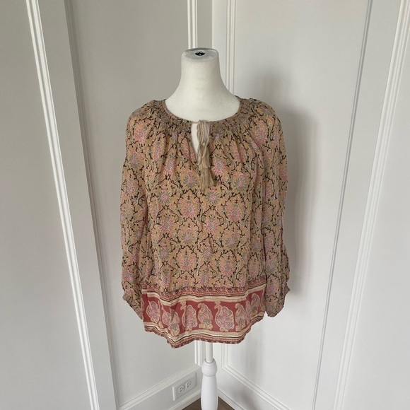 Lucky Brand Womens Floral Paisley Smocked Peasant Long Sleeve Blouse Size Medium - Picture 1 of 14